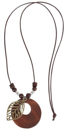 Alide Halskette mit Holzanhänger für Damen, hohle Blattscheibe, handgefertigt, Vintage, Ethno-Stil, Boho, lange Lederkette, Pullover-Schmuck, verstellbar