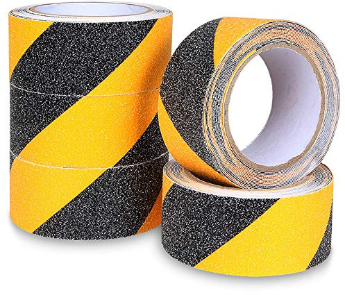 SENENQU 5pcs Anti Slip Hazard Tape, 50mm x 5m High Traction Hazard Warning Grip Tape, Self Adhesive Safety Tape, Abrasive Marking Barrier Tape for Steps Deck Floor Stair – Black Yellow1