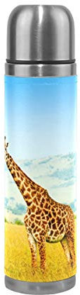 BKEOY Mug de voyage isotherme en acier inoxydable à double paroi anti-fuite avec motif animal, girafe, imprimé personnalisé, en cuir véritable, 500 ml