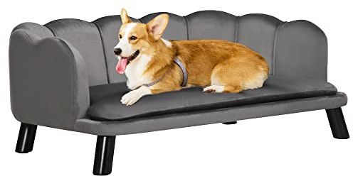 PawHut Hundesofa Hundecouch, Waschbarer Bezug, Haustiersofa mit Rückenlehne und Holzbeine, Katzensofa, für mittelgroße Hunde unter 25 kg, Dunkelgrau