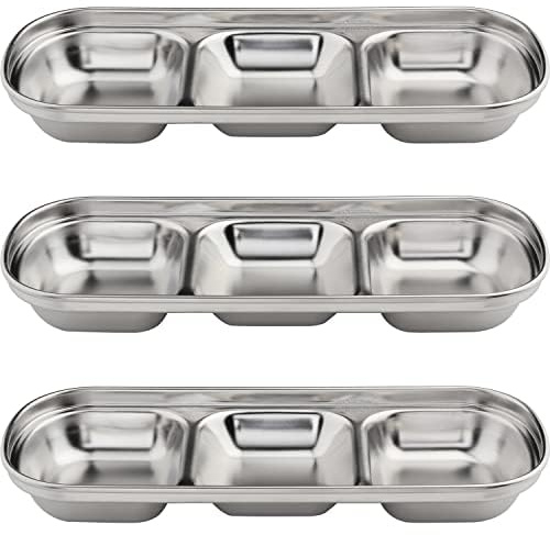 CHWAIKA 3pcs Stainless Steel Divided Dipping Bowls for Soy Sauce, Ketchup, Seasoning, Sushi (3 Grid)