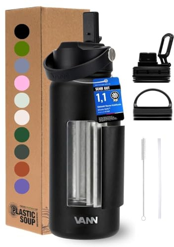 VANN Trinkflasche 1L mit Strohhalm - 3fach isoliert [24h kalt 12h warm] | Thermosflasche für Fitnessstudio, Sport - Trinkflasche Edelstahl [BPA-Frei] - Wasserflasche inkl.5 Zubehörteile - UB Schwarz
