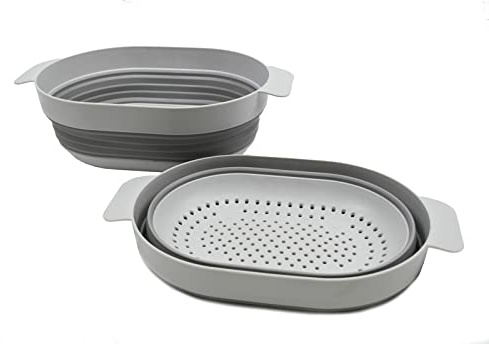 SAMMART 3L (0.8 gallon) Over The Sink Oval Colander - Foldable Colander - Collapsible Kitchen Colander - Space Saving (Grey (Set of 2))