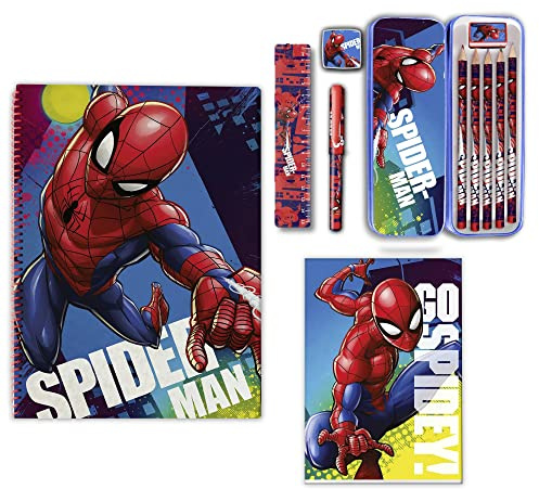 CARTOON Schreibwaren-Set, Spiderman, Marvel, 12 Stück, Notizblock, Bleistifte, Zubehör, Geschenkidee