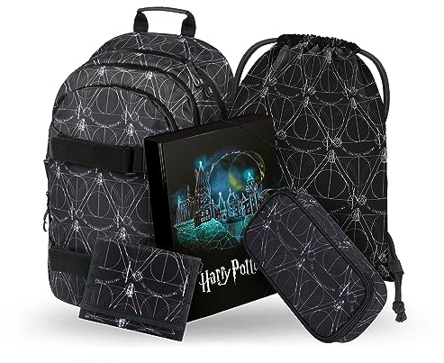 Baagl Schulrucksack Set Mädchen Jungen 5 Teilig, Schultasche ab 3. Klasse, Grundschule Ranzen mit Brustgurt, Ergonomischer Schulranzen (Harry Potter Deathly Hallows)