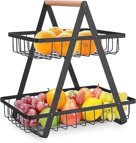 LANDTOM® Corbeille à fruits rectangulaire à 2 niveaux pour comptoir de cuisine, comptoir de cuisine, panier de rangement en fil métallique, support de rangement pour pain, collation, légumes, produits