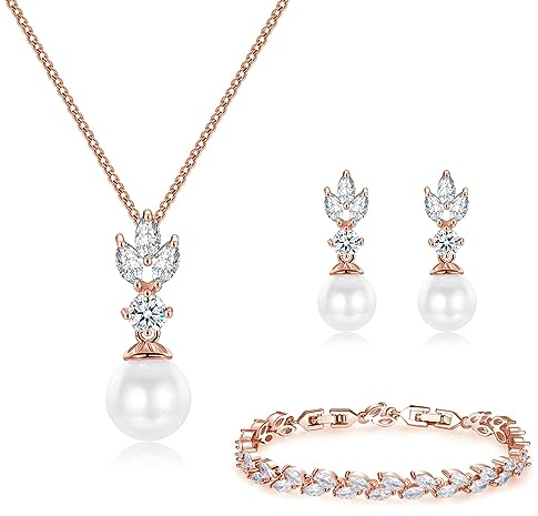 CRASLYMO Schmuckset Rosegold für Damen, Hochzeit Schmuckset Perlen Ohrringe Halskette Armband, Brautschmuck Set mit 5A Funkeln Zirkonia Blumen Silber 925 Schmuck mit Geschenkbox