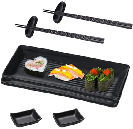 Vajilla Japonesa de Melamina, Platos de sushi, Comida japonesa 8pcs, Incluye 2 Platos, 2 Pares de Palillos, 2 Bases para Palillos y 2 Cuencos para Salsa