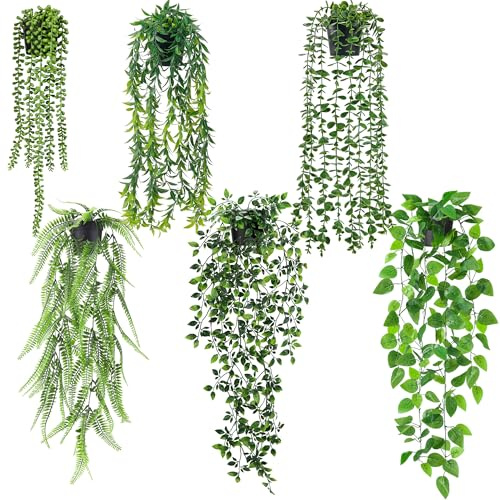 Der Rose 6 piezas falsas plantas colgantes decoración artificial falsas plantas verdes en maceta plantas colgantes para interior estante de pared baño cocina decoración al aire libre