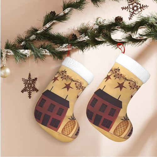 Wsoihfec Beige Braun Haus und Obst Print Weihnachtsstrumpf mit weißer Plüschmanschette 45 cm große Bauernhaus Weihnachtsstrümpfe Kaminsims hängende Dekoration für Familienurlaub Xmas Party