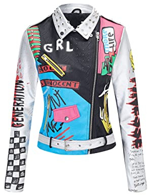 Giolshon Donna Giacca in finta pelle borchiato Rivetto floreale Moto Motociclista Cappotto con rever corto 0479 Argento Nero XXL