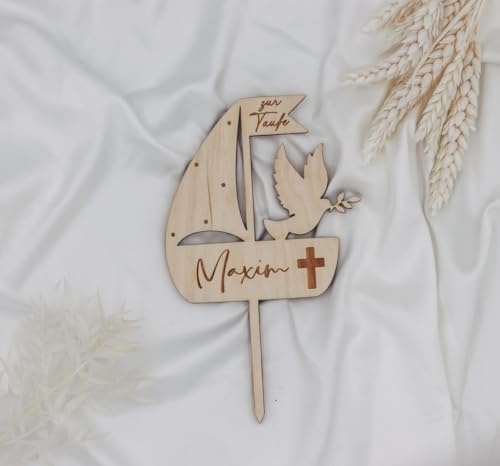 Caketopper personalisiert zur Taufe mit Wunschname Kommunion Konfirmation mit Taube aus Naturholz Tortenstecker Torte Kuchendeko
