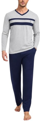 Nieery Pijamas Hombre Invierno Algodón Conjunto Cuello en V Camiseta Manga Larga y Pantalones con Bolsillos S-3XL