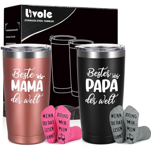 Livole Geschenke für Eltern, Mama und Papa, Mutter, Vater, Geschenkset Eltern von Tochter, Bester Papa Beste Mama Geschenk, Muttertag Vatertag, Lustige Socken, 20oz 600ml Coffee to go Becher