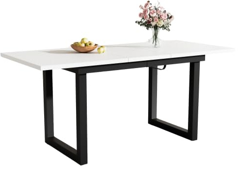 Industriestil Esstisch Küchentisch Ausziehbar mit MDF Desktop und Schwarz Metallbeine, Rechteckiger Großer Tisch Esszimmertisch Holztisch Speisetisch Für 4-6 Personen, 140-180 × 80 × 75cm (Weiß)
