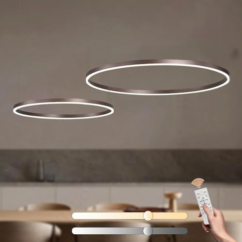 YYUTLUO Moderner DIY-Kreis-LED-Kronleuchter | 2 Braun Ringe:60+80cm=65W | LED-Pendelleuchte aus Metall+Acryl | 2,4 G Dimmbare Fernbedienung | Runde Decken-Hängelampe Wohnzimmer Schlafzimmer