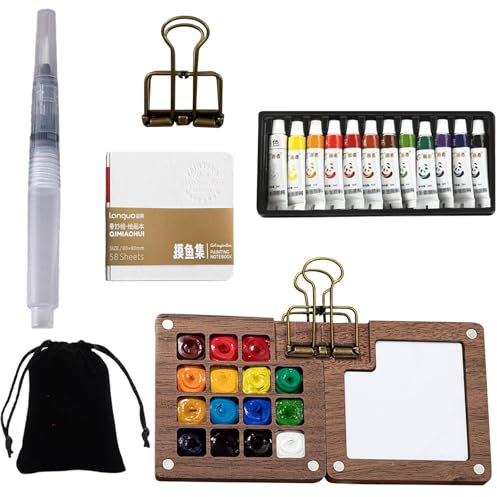 SKJAXF Pocket Artist Wooden Watercolour Travel Set With 8 Grids, Portable Mini Watercolour Paint Set, Watercolor Pen, Mini Sketchbook Gift For Painters And Artists