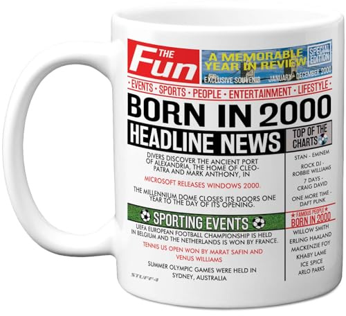 Stuff4 26th Birthday Mug Gift for Women and Men, Born in 2000 Newspaper | Happy 26 Birthday Gifts for Son Daughter Cousin Vintage Retro Back in 2000 Age 26 Bday, 11oz Ceramic Coffee Mugs