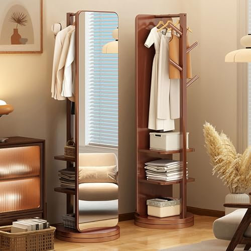Schmuckschrank, 360° drehbarer Ganzkörperspiegel, Ganzkörperspiegel aus Massivholz mit Garderobe, 2-in-1-Standspiegel und Garderobe, für Schlafzimmer, Wohnzimmer (Walnuss, 50 × 50 × 180 cm (
