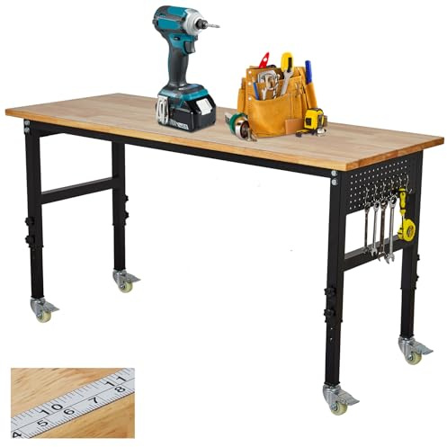 Adjustable Workbench with Scale, 122 x 61 x 75-100cm (8-Level Height) Rolling Garage Work Bench with 4 Lockable Casters & Wooden Top, 1000kg Load Capacity Hardwood Worktable for Garage Workshop