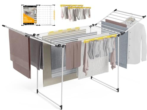 Newlux - Tendedero Plegable con Alas Bold V22, Tubos 5 Veces Más Resistentes, 180x55x112 cm, 26M de Secado, 25Kg de Carga. Tenderete de Ropa Plegable con Soporte para Calcetines, Fácil Plegado, Blanco