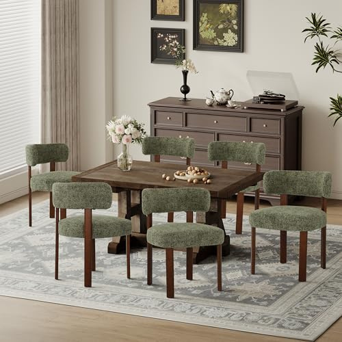 COLAMY Wooden Dining Chairs Set of 6, Fabric Chairs for Dining Room with Open Curved Backrest and Thick Seat Cushion, Upholstered Kitchen Chair with Anti-Slip Pads, Green