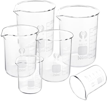 6 vasos medidores de cristal, 100 ml, 250 ml, 500 ml, vidrio de borosilicato, con graduación y boquilla para laboratorio y cocina