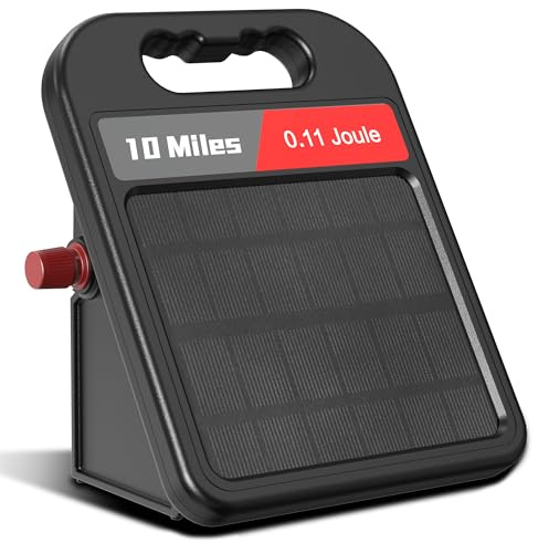 Solar Electric Fence Charger-0.11J-10 Miles, Maximum Output Voltage 8100V- Provide 24-Hour Uninterrupted Protection for Livestock and Yards with Rechargeable Solar Panel Black