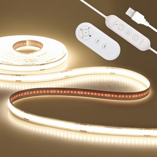 ALITOVE LED Strip Lights 5V USB 6.56FT 640LEDs 4000K Ultra Bright Dimmable White COB LED Light Strip with Remote Flexible LED Tape Lights for Mirror Desk Cabinet Kitchen Shelf TV Bedroom DIY Lighting