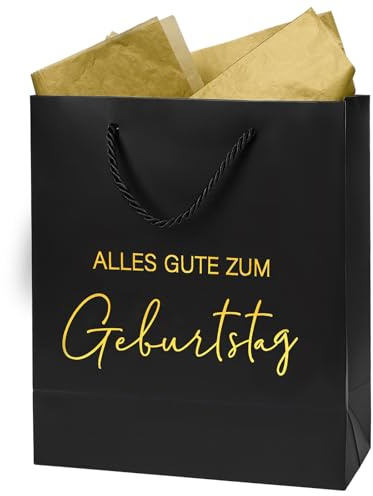 COMOOKA 25x21x10cm Geschenktüte Geburtstag XL + 2 Seidenpapier Geschenktasche Schwarz Groß mit Henkel Happy Birthday Tüte Geschenkverpackung für Männer Junge Frauen aus Papier