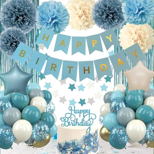Decorazioni Compleanno Blu, Palloncini Compleanno, Kit Compleanno | Addobbi Compleanno per Donna Uomo, Striscione Happy Birthday Decorazioni, Buon Compleanno Decorazioni, Pompon Di Carta