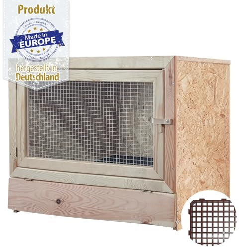 Kaninchenstall 80x70 cm – mit Bodenrost – mit Stabiler Holzvorderfront – Kleintierstall aus OSB für überdachten Außenbereich – ideal für artgerechte Kaninchenhaltung – Made in Germany