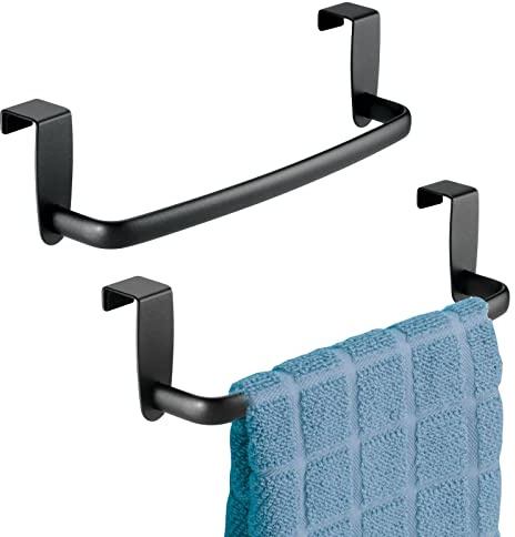 mDesign Steel Metal Wire Over Cabinet Towel Rack Storage Organizer - Hang on Cabinet or Door - Towel Bar Holder for Kitchen - Holds Hand Towels, Washcloths - Spira Collection, 2 Pack, Matte Black