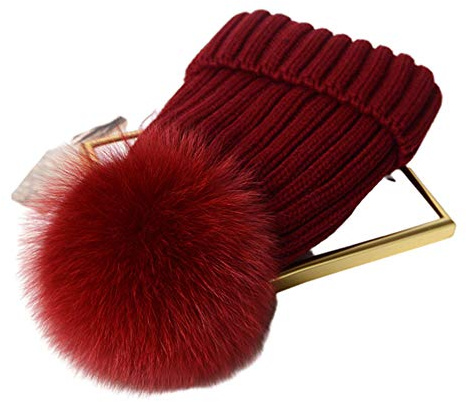 feifanshop Damen Echtfell Fuchspelz Fell Pelz Bommel Strick Mütze Winter-Mütze Bommelmütze
