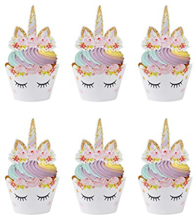 Cupcake Toppers Einhorn Cupcake Wrappers Kuchendeckel für Geburtstagsfeier Hochzeiten Jubiläen Gartenpartys Geburtstagskuchen Dekoration Lieferungen 24 Set