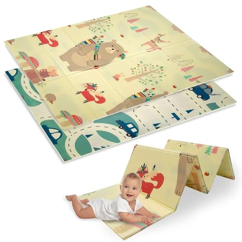 Humbi Tappeto bambini, tappetino per gattonare, schiuma XPE, bifacciale, barra piatta, impermeabile, extra large, tappeto per bambini, antiscivolo, 120x180 orsetti, volpi e macchinine