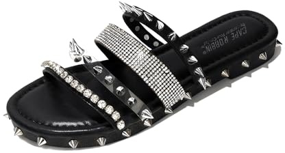 Women's Slide Sandals Spiked Flat Slides, Summer 2025 Comfortable Slip-On Beach Shoes with PU Leather Sole (Xtreme) - Black Size 9