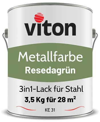 Viton Metallfarbe in Hellgrün - 3,5 Kg Metall-Schutzlack Seidenmatt - Dauerhafter Schutz & hohe Beständigkeit - 3in1 Grundierung & Deckfarbe - Metalllack direkt auf Rost - KE31 - RAL 6011 Resedagrün