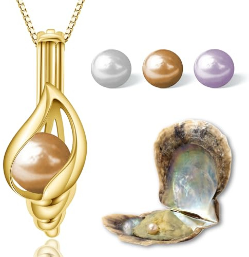 Wunschperlen Perlenkette Damen Schmuck Set - Muschelkette Gold und Muschel mit Perle - 18k Vergoldet 925 Silberkette Damen mit Anhänger und Echte Perle in Muschel - Schmuckset Gold Geschenk für Sie
