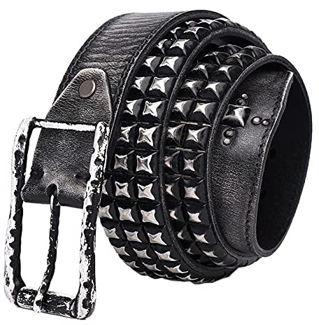 DFGGE 3 Reihen Pyramide Metall Nietengürtel Echtes Leder Gürtel Mit Legierung Dornschließe Herren Damen 38Cm Breit Punk Rock Style 105Cm - 125Cm Kürzbar,Schwarz,115cm/waist:38~40