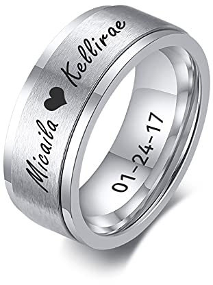 FLHEART Personalisierter Spinner Ring, Fedget Band Ring, Edelstahl Minimalist Band Stil benutzerdefinierte Name Ring Versprechen Verlobung Ehering für Herren