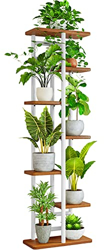 QLFJ-FurDec 7-Tier Pflanzentreppe Halter Indoor, Holz und Metall Stehendes Blumenständer Regale, 7-Tier 8-Topf Multi Blumentopf Topfhalter für Balkon Garten Fensterbank Ecke (8 Töpfe, Weiß)
