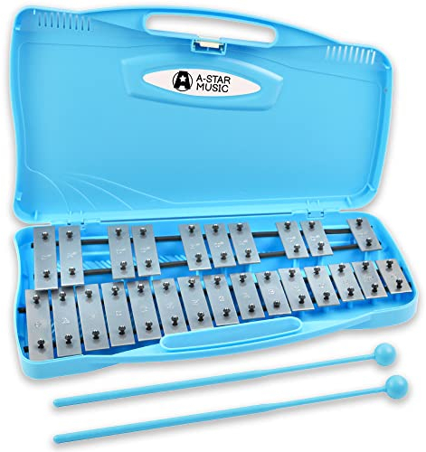 A-Star 25-Noten-Sopran-Chromatisches Glockenspiel-Xylophon im blauen Gehäuse mit silbernen Tasten und zwei Kunststoffschlägeln – 2 Oktaven G5 bis G7