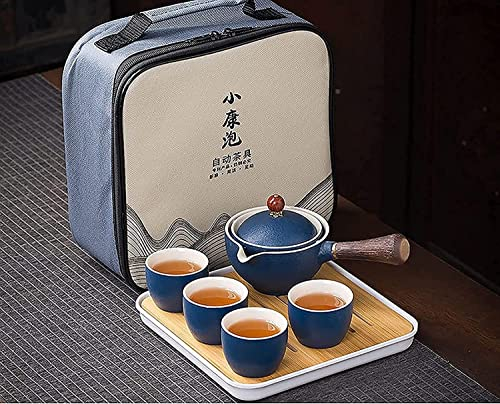 Service à thé de Voyage Portable Chinois avec Sac de Voyage avec 4 Tasses à thé, théière, passoire à thé, Plateau à thé en Bambou et Sac de Voyage