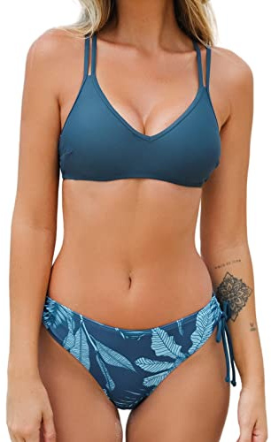 CUPSHE Damen Bikini Set V Ausschnitt Low Waist Crossback Bademode Zweiteiliger Badeanzug Swimsuit Ägäisches Blau S