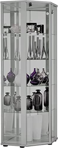 K-Möbel Eckvitrine in Alu/Silber (176x56,5x56,5 cm) mit 4 Glasböden, Schloss, Spiegel - Modellauto Vitrine Silber - Vitrinenschrank Silber - Sammlervitrine - Wohnzimmerschrank Glasvitrine Glas