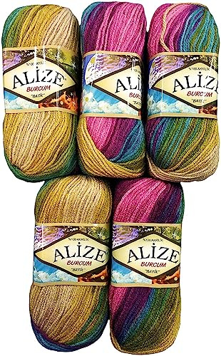 5 x 100 Gramm Ilkadim Export Burcum Batik Wolle mehrfarbig mit Farbverlauf, 500 Gramm Acryl Strickwolle bunt (lila flieder grün beige 4341)