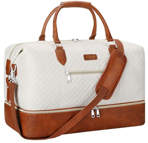 Weekender Bag für Damen, Reisetasche, Handgepäck, Übernachtungstasche, mit Schuhfach, groß, Nylon, Reise-Wochenend-Tragetasche, 1-beige, L, Weekender Bag für Damen, Reisetasche, Handgepäck