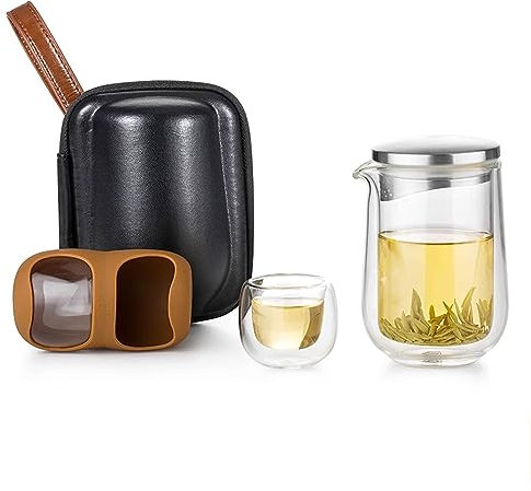 SciAza teeservice teekanne mit stövchen teetassen Reise-Teeservice aus Glas mit Tragetasche, eine Kanne, Zwei Tassen, hochtemperaturbeständiges Teeservice
