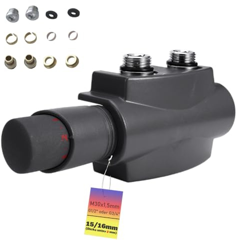 Multiblock Set für Heizkörper Anschlussarmatur mit Thermostat Hahnblock | G 1/2 oder G 3/4, 15mm/16mm, mit Eckform und Durchgangsform, Ventil-Armaturen Mittelanschluss für Badheizkörper, Anthrazit